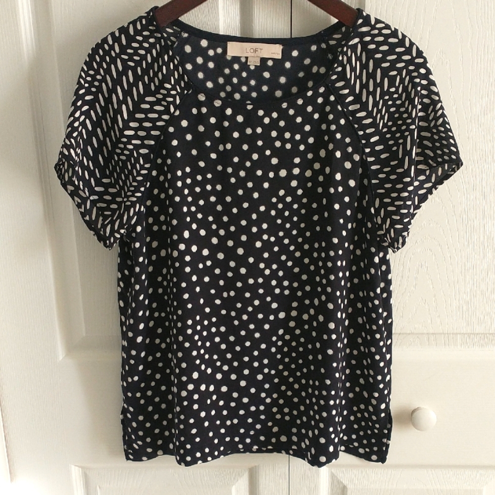 LOFT Boxy Black and White Short Sleeve Blouse Medium Petite
